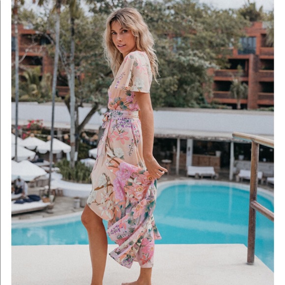 Pink Ruffle Boho Floral Gypsy Print Maxi Dress - Picture 6 of 11